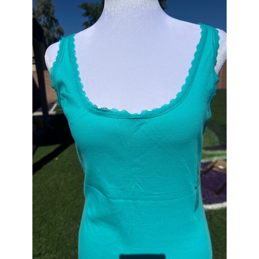 Aeropostale Womens Teal Lace Trim Scoop Neck Tank Top Slim Fit Sleeveless Basic